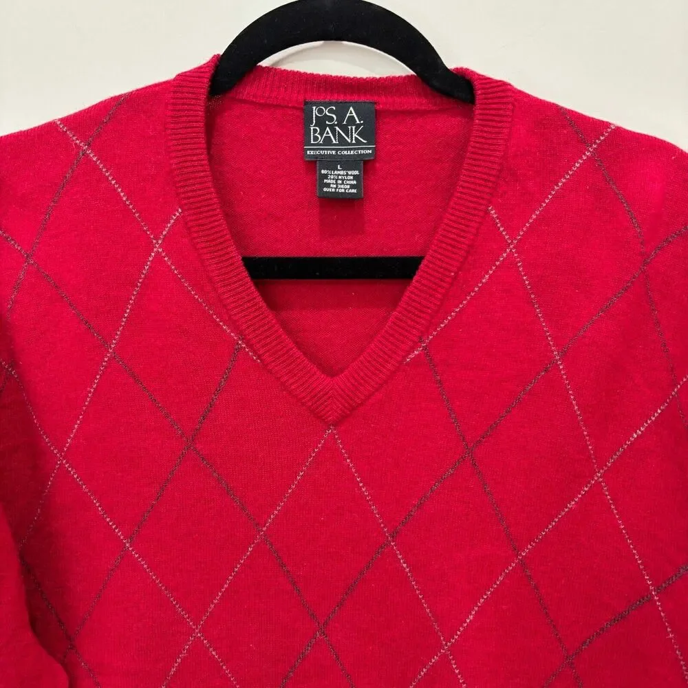 Jos A Bank Executive Lambs Wool Sweater Men L Red Argyle Preppy Old Money